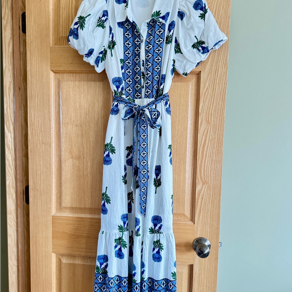 entro White Maxi Dress with Blue Floral Print and Navy Trim